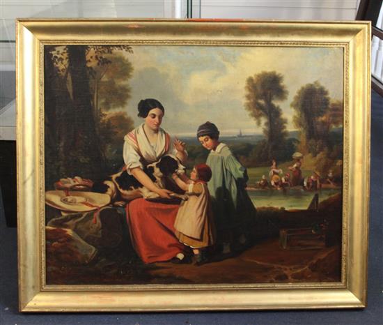 F. Nourrisson Mother and children with a pointer, washerwomen beyond 25 x 31.5in.